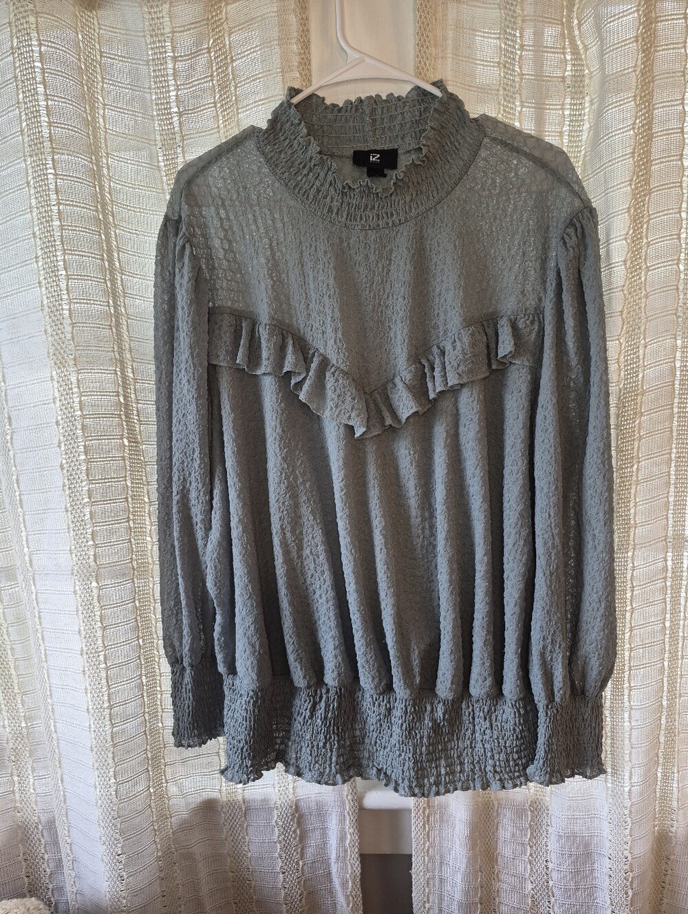 Iz Byer Sage Green Ruffle-Trim Long Sleeve Top, Size 3X